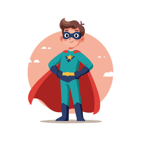 Young boy dressed as a superhero in blue and red stands confidently with hands on hips under a soft pink sky, inspiring bravery and joyのイラスト素材