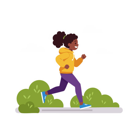 Illustration shows young girl jogging outdoors wearing yellow hoodie and purple pants with green bushes in background energetic mood.のイラスト素材