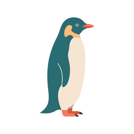 This vector shows a penguin standing in side profile with teal, cream, and orange colors in a minimal flat style, evoking calm and simplicity.のイラスト素材