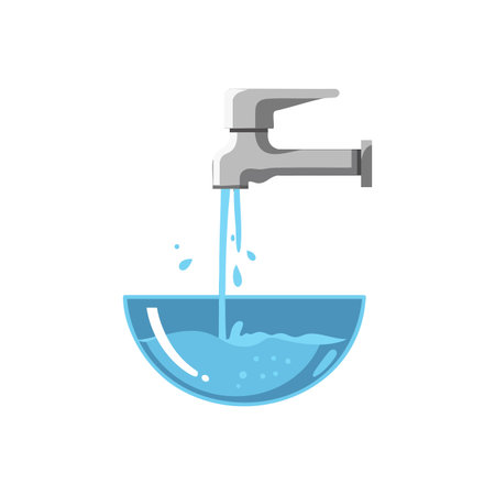 Illustration shows water flowing from a tap into a glass filled with clear blue liquid, depicting hydration and cleanliness, calm mood.のイラスト素材