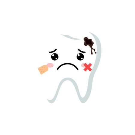 Illustration shows a sad tooth with cavity damage and a bandage, representing dental health issues and care, in a simple style, emotive.のイラスト素材