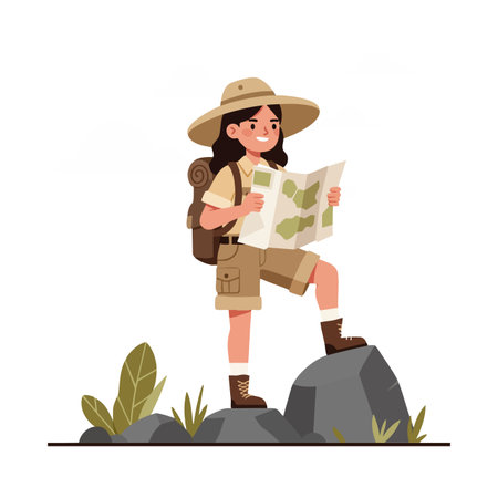 Girl hiker stands on rock reading a map while exploring nature with backpack and hat, enjoying an outdoor adventure mood.のイラスト素材