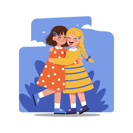 Illustration shows two girls hugging with joyful expressions against a blue background, wearing orange and yellow dresses, conveying warmth and friendship mood.のイラスト素材