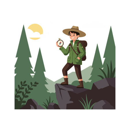 Illustration shows a young male hiker standing on rocks in forest holding a compass with sun and pine trees around, evoking adventurous mood.のイラスト素材