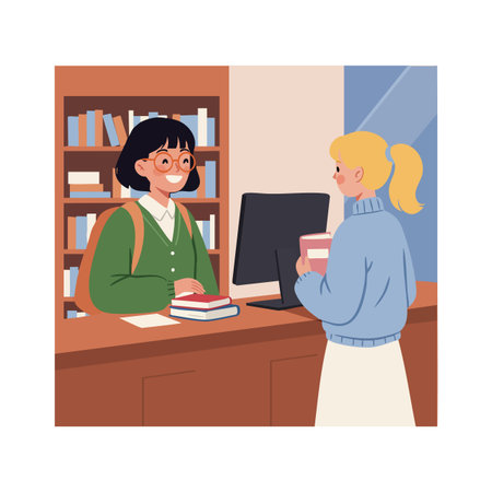 Woman with glasses assists a female visitor at a library counter while books and computer appear nearby in warm lighting, friendly mood.のイラスト素材