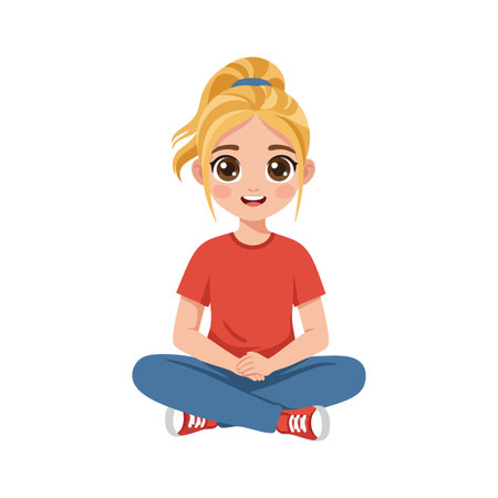 Illustration shows a young girl sitting cross legged with hands folded, wearing casual clothes and sneakers. Cheerful and relaxed mood.のイラスト素材