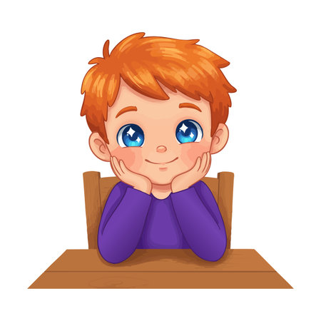 Illustration shows a small boy with orange hair and blue eyes leaning on a wooden table, appearing thoughtful and calm, with a cozy mood.のイラスト素材