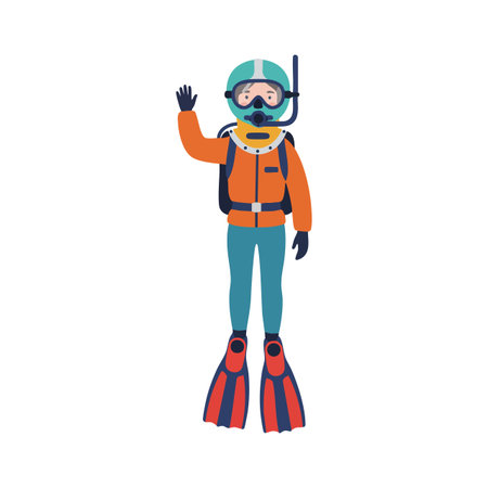Illustration shows a scuba diver in full snorkel gear and flippers, waving with one hand in a colorful underwater setting, cheerful mood.のイラスト素材