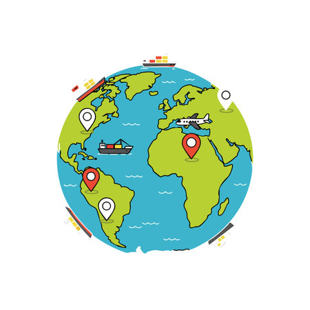 Illustration shows a globe with red and white travel location markers and icons of airplanes and ships, symbolizing global transportation and travel mood.のイラスト素材