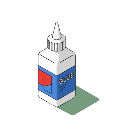This vector shows an isometric glue bottle with red and blue label casting a green shadow in simple style. Calm mood.のイラスト素材