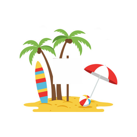 Vector illustration of a tropical beach with palm trees, surfboard, umbrella, and beach ball, depicting a sunny summer atmosphere. Cheerful mood.のイラスト素材