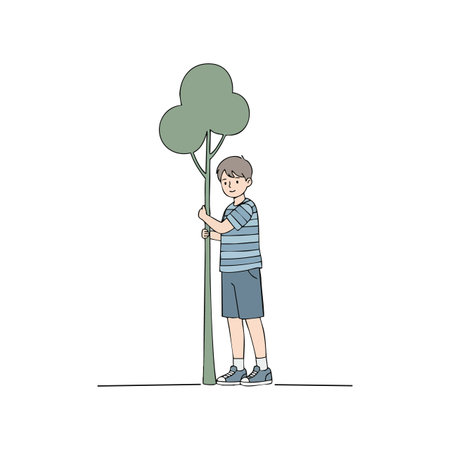 A boy in striped shirt and shorts hugs a small tree, showing care for nature, in a calm and peaceful scene. Cheerful mood.のイラスト素材
