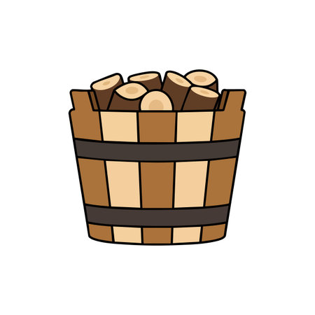 Illustration shows a wooden bucket filled with chopped firewood logs in natural brown tones. Rustic and cozy mood.のイラスト素材