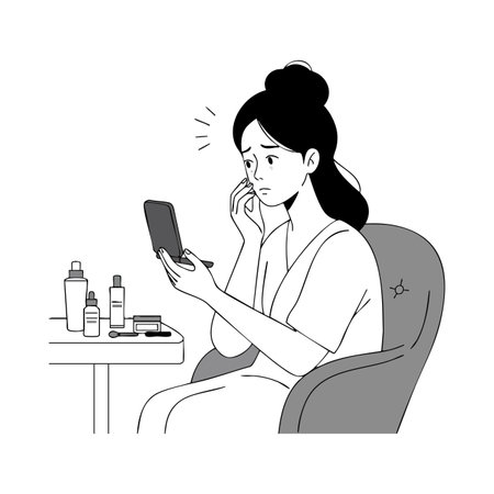 Woman sitting in chair examines her face in mirror with beauty products nearby, showing concern and reflection, in a calm setting.のイラスト素材