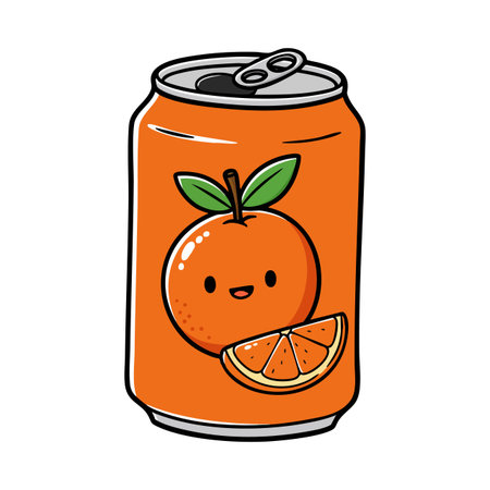 Vector illustration shows an orange soda can featuring a cute orange fruit and slice in bright orange colors. Cheerful and playful mood.のイラスト素材