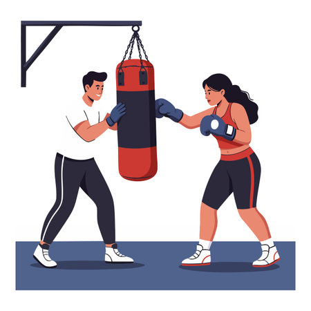 Male coach holds punching bag for female athlete practicing boxing in gym, showing fitness and training with focus and energy. Motivational scene.のイラスト素材