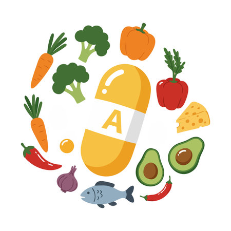 Illustration shows a vitamin A capsule surrounded by carrots broccoli peppers avocado fish and cheese in a bright style calmのイラスト素材