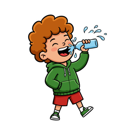 A cheerful boy wearing a green hoodie and red shorts drinks water from a bottle, showing energy and refreshment, in a lively style.のイラスト素材