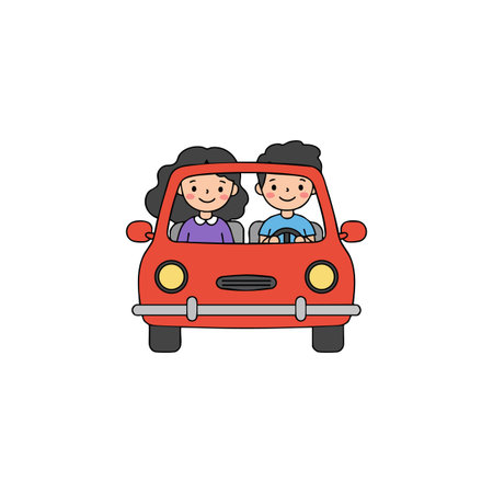 Cartoon vector shows a smiling couple driving a red car from the front view, illustrating travel and lifestyle themes in a cheerful attitude.のイラスト素材