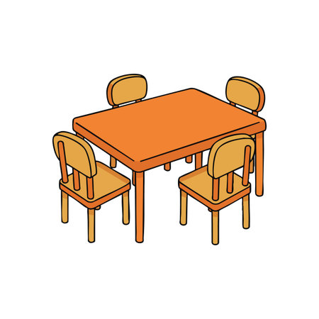 Illustration shows an orange wooden table surrounded by four matching chairs in a clean style, creating a cozy home environment. Calm.のイラスト素材