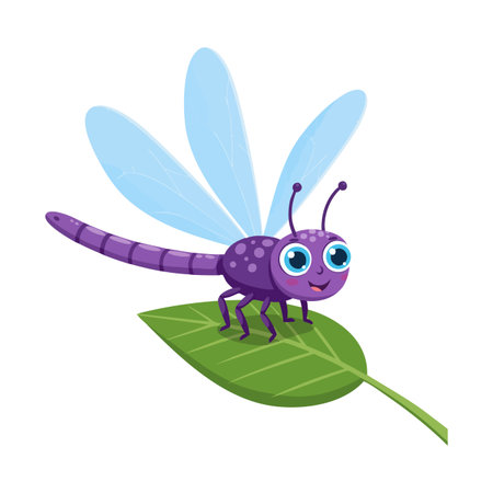Purple dragonfly with large eyes stands on a green leaf with translucent wings in bright colors, conveying a cheerful mood.のイラスト素材