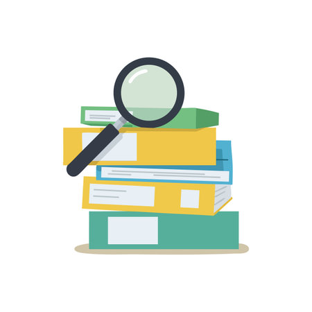 Illustration shows a stack of yellow, green, and blue folders with a magnifying glass on top representing research and organization. Calm mood.のイラスト素材