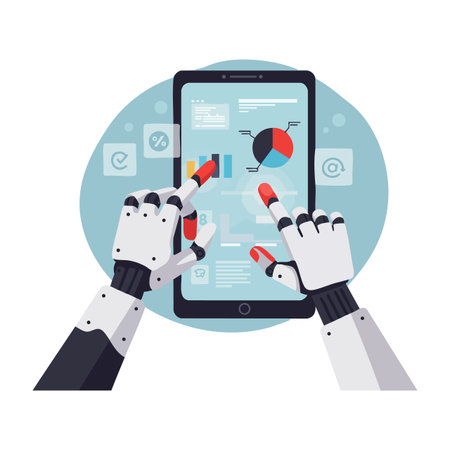 Robot hands operate a tablet showing colorful graphs and pie charts with a blue background, symbolizing technology and data analysis. Modern and clean.のイラスト素材