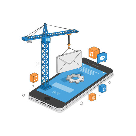 Isometric mobile phone displays email icon lifted by crane with app cubes floating around, representing technology and communication theme, calm mood.のイラスト素材