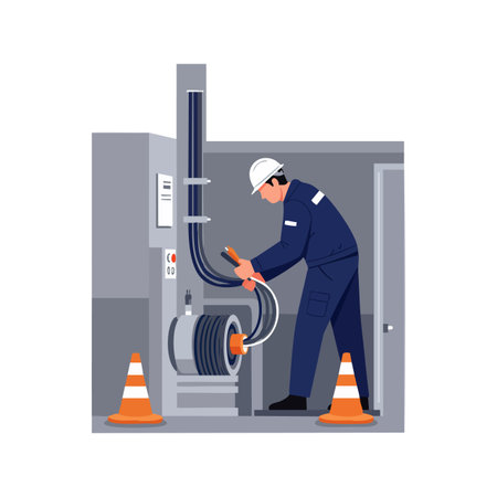 Electrician wearing protective helmet works on industrial electrical panel with tools and safety cones in a clean utility room, focused and professional mood.のイラスト素材