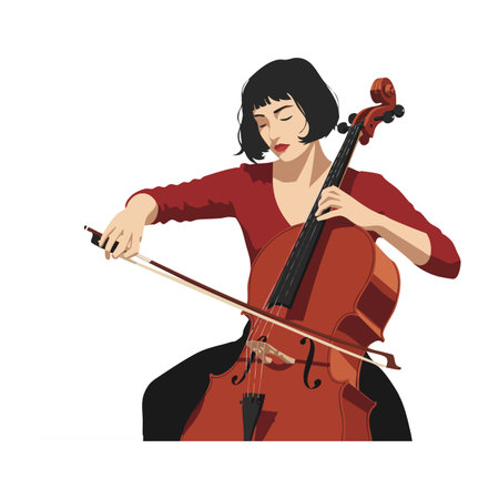 Woman with short black hair plays cello with focused expression, creating calm and artistic atmosphere.のイラスト素材