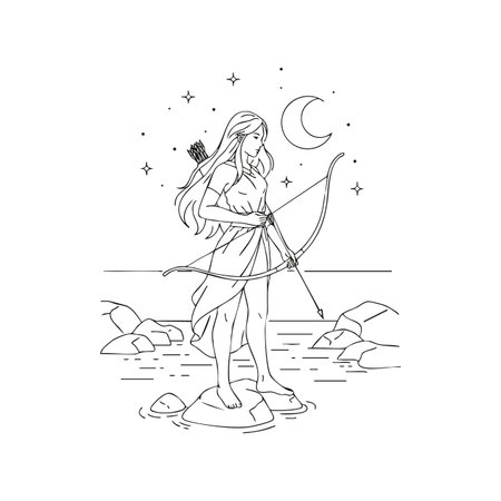 Illustration shows a female archer standing barefoot on a rock by water, holding a bow and arrow under a crescent moon with stars, peaceful mood.のイラスト素材