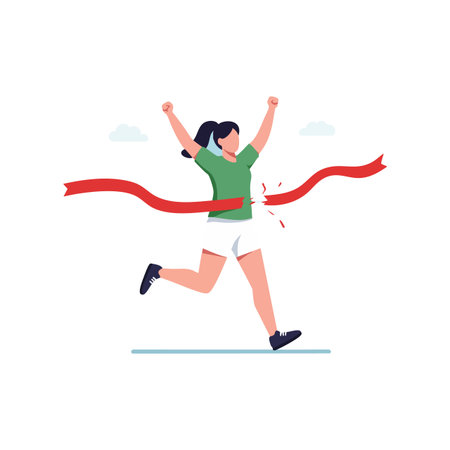 Illustration shows a woman crossing the finish line with raised arms in a running race, conveying energy and triumph in a clean style.のイラスト素材