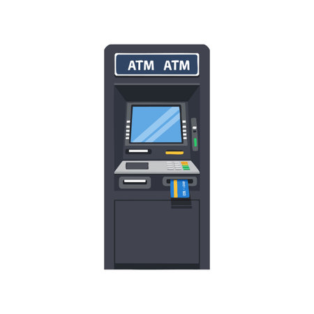 This vector illustration shows an ATM with a credit card inserted, offering a digital banking transaction in a modern style, practical and clear mood.のイラスト素材