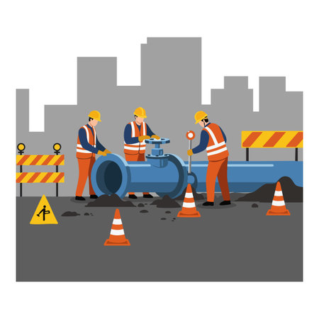 Three construction workers wearing helmets and safety vests repairing a large blue water pipe on an urban roadsite with cones and warning signs, focused atmosphere.のイラスト素材