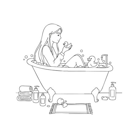Vector illustration of a woman enjoying a bath with rubber ducks and bath accessories in a calm, peaceful setting. Relaxing mood.のイラスト素材