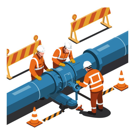 Three workers in safety gear repair a large blue industrial pipeline surrounded by cones and barriers, shown in bright colors and clear detail. Professional mood.のイラスト素材