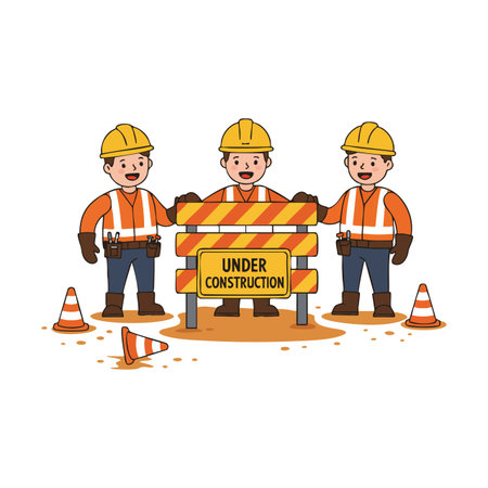 Three construction workers stand behind a barricade with safety cones around on a construction site, creating a cautious atmosphere.のイラスト素材