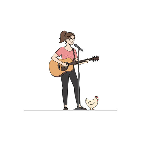 A young woman with glasses plays guitar and sings into a microphone while a chicken stands nearby. Simple, calm, creative scene.のイラスト素材