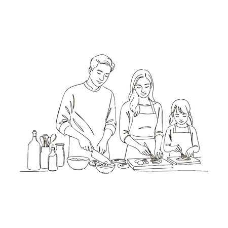 Family members cook together preparing food with care and teamwork in a kitchen setting creating warm atmosphere. Calm mood.のイラスト素材