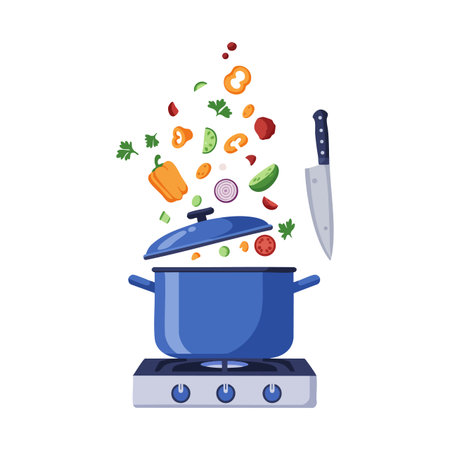 Illustration shows a blue pot on a stove with various vegetables floating above and a kitchen knife nearby, creating a lively cooking scene. Energetic.のイラスト素材