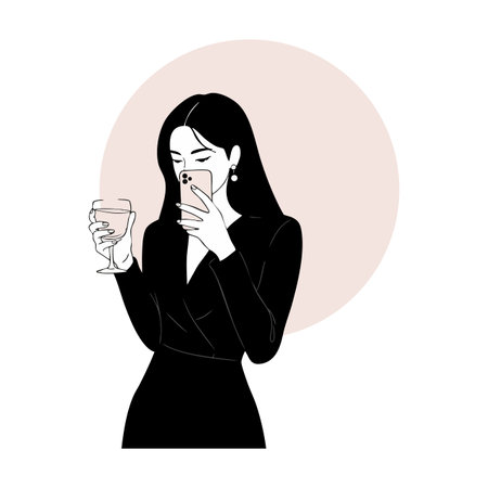 Illustration shows a woman in a black dress holding a wine glass and taking a selfie with a smartphone against a pale pink circle background, stylish mood.のイラスト素材