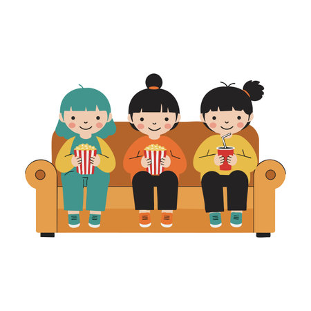 Three children sit on a sofa enjoying popcorn and soda together in a cozy indoor setting, sharing a relaxed moment. Friendly mood.のイラスト素材