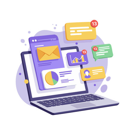 Laptop screen displays multiple notifications, charts, and messages in a digital business communication workflow, conveying productivity and connectivity mood.のイラスト素材