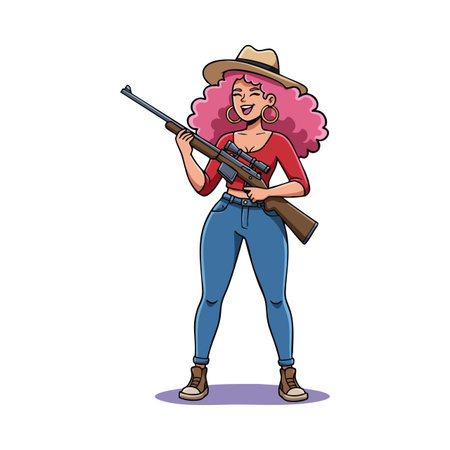 Illustration shows a confident woman with curly pink hair holding a rifle, wearing jeans, red top, and hat, standing relaxed and happy. Cheerful mood.のイラスト素材