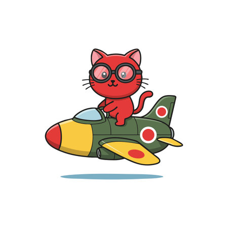 A red cat with glasses rides a green toy airplane with yellow and red details in a playful and charming style. Cheerful mood.のイラスト素材