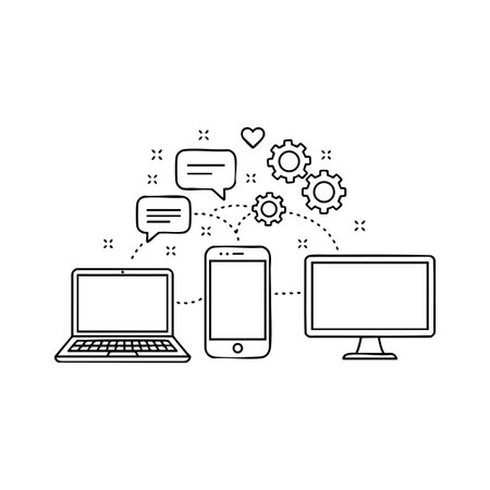 Line art vector shows connected laptop, smartphone, and desktop computer with chat bubbles and gears symbolizing communication and technology. Modern.のイラスト素材