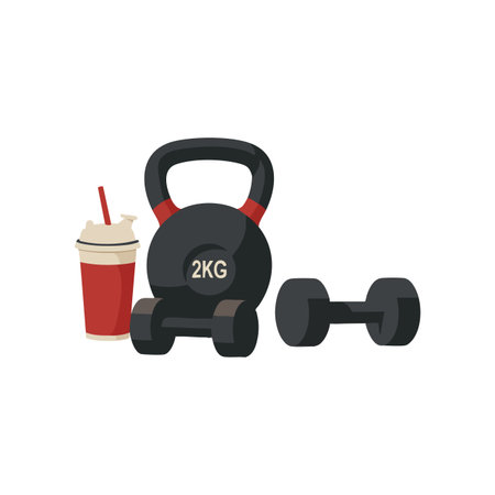 Vector illustration shows kettlebell, dumbbell, and protein shake representing fitness and workout lifestyle in a clean style. Energetic mood.のイラスト素材