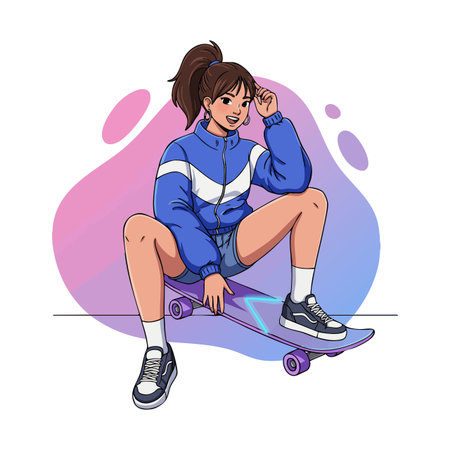 Illustration shows young woman sitting on skateboard wearing blue sporty jacket and shorts with ponytail hairstyle, casual and confident mood.のイラスト素材
