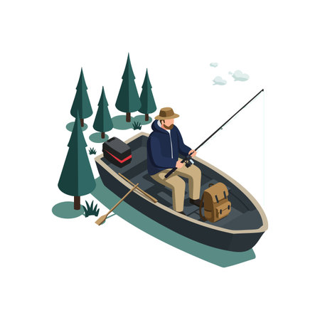 Illustration shows a man fishing in a small boat near pine trees holding a fishing rod with a backpack on board calm scene peaceful mood.のイラスト素材