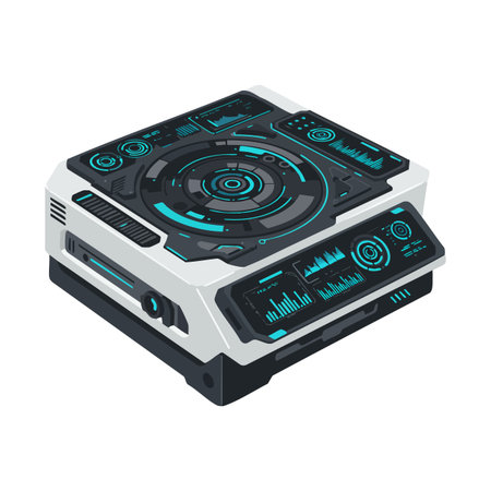 This vector illustration shows a futuristic technology device featuring digital displays and neon blue highlights in a sleek white and black case, modern and technical.のイラスト素材